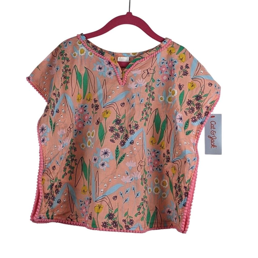 Cat & Jack Toddler Girls' Floral Top Cover Up Pink 12-18M Boxy Pom Trim Top